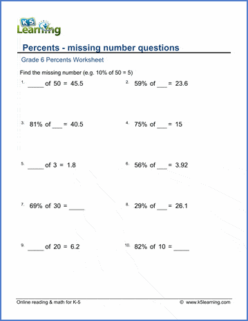 Sample Grade 6 Percents Worksheet