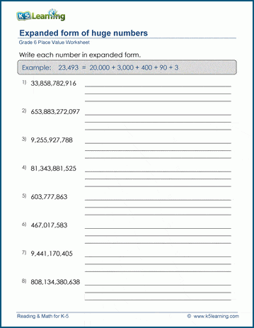 Grade 6 Place Value Worksheet writing numbers in expanded form (12 digits)