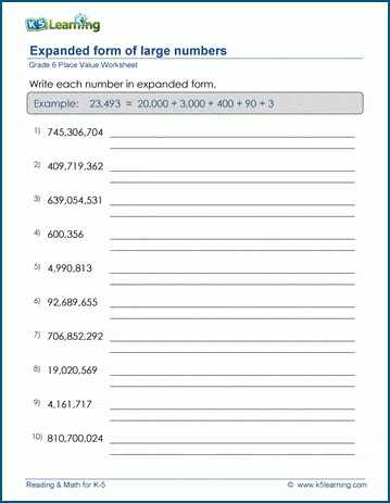 Grade 6 Place Value Worksheet writing numbers in expanded form (9 digits)