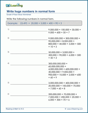 Grade 6 Place Value Worksheet build numbers from parts