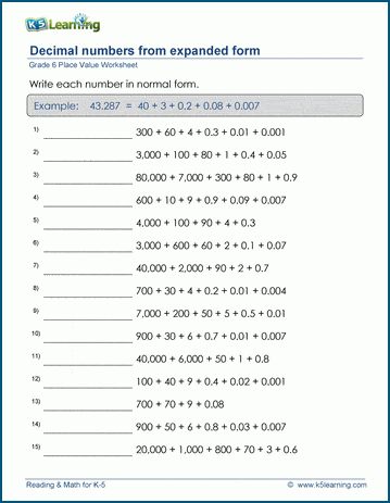Grade 6 Place Value Worksheet build a decimal number from its parts