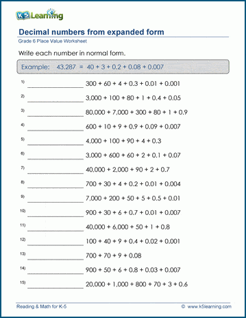 Grade 6 Place Value Worksheet: Build a decimal number from its parts | K5  Learning