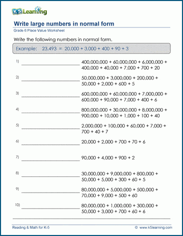 Grade 6 Place Value Worksheets: Build 9-Digit Numbers From Parts | K5  Learning