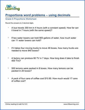 Grade 6 Proportions Worksheet solving proportions word problems - using decimals