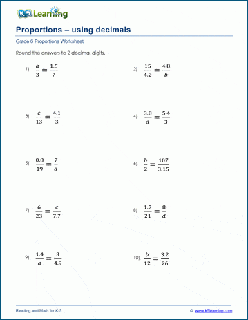 Grade 6 Proportions Worksheet solving proportions using decimals