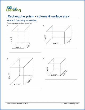 Grade 6 Geometry Worksheet rectangular prism - volume and surface area (with decimals)