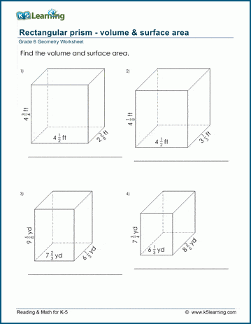 Grade 6 Geometry Worksheets: Rectangular prisms (with fractions) | K5  Learning