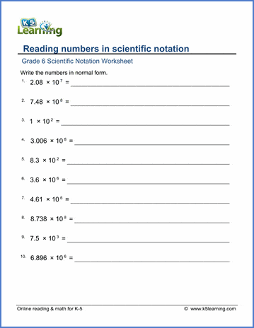 Grade 6 Math Worksheets: Reading numbers in scientific notation | K5  Learning