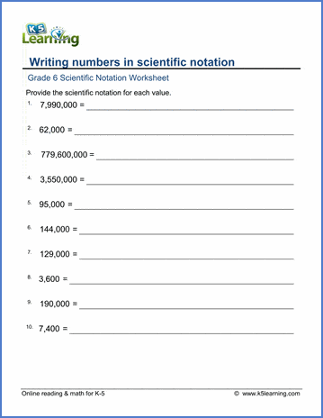 Sample Grade 6 Scientific Notation Worksheet