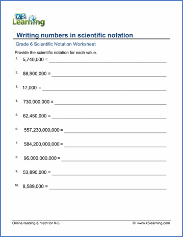 Grade 6 Worksheet: Writing numbers in scientific notation (12 digits