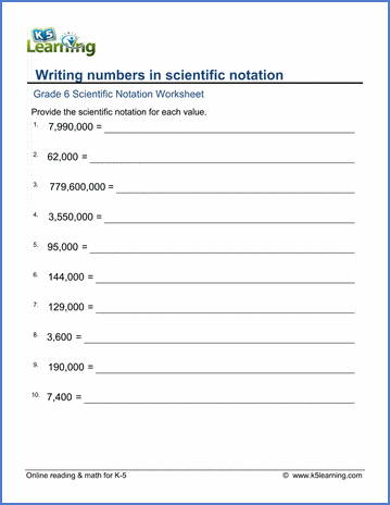 Grade 6 Math Worksheets: Writing numbers in scientific notation | K5  Learning