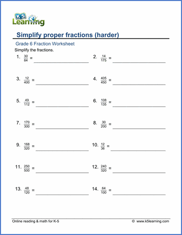 Grade 6 Fractions Worksheet simplifying fractions - harder