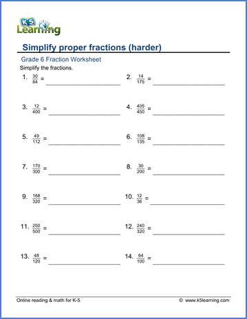 Grade 6 Fractions Worksheets: Simplify fractions - harder | K5 Learning
