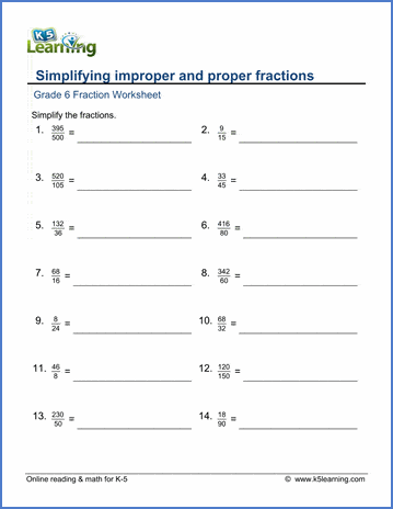 Grade 6 Fractions Worksheet simplifying fractions - hardest