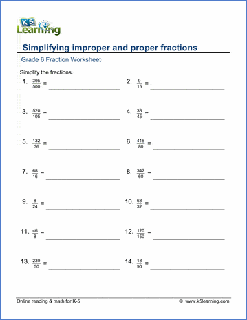 grade 6 math worksheet simplify proper and improper fractions k5 learning