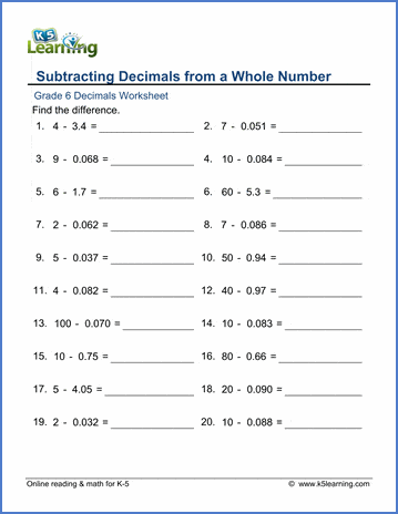 Grade 6 Decimals Worksheet subtracting decimals from a whole number