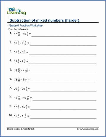Grade 6 Fractions Worksheet subtracting mixed numbers