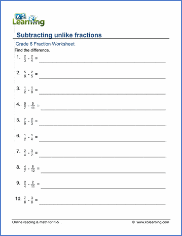 Grade 6 Fractions Worksheet subtracting unlike fractions