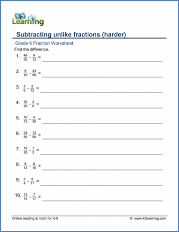 Grade 6 Fractions Worksheet subtracting unlike fractions