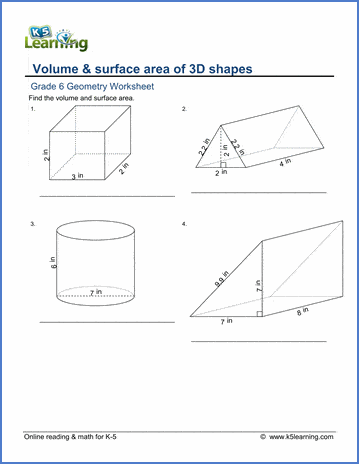 Grade 6 Geometry Worksheet rectangular prism - volume and surface area of 3D shapes
