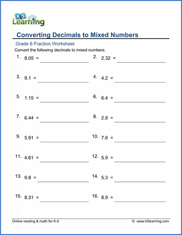Grade 6 Fractions vs Decimals Worksheet converting decimals to mixed numbers