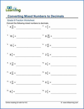 Grade 6 Fractions vs Decimals Worksheet converting mixed numbers to decimals