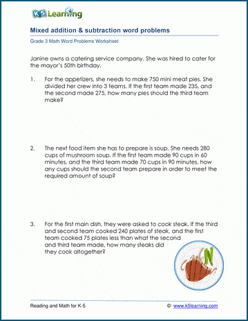 Mixed add & subtract word problems worksheet