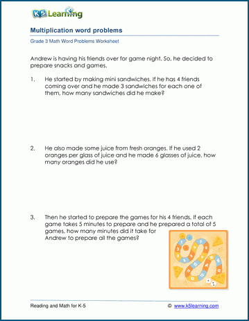 Multiplication word problems for grade 3 worksheet