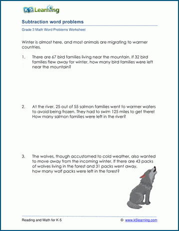 Subtraction word problems for 3rd grade worksheet