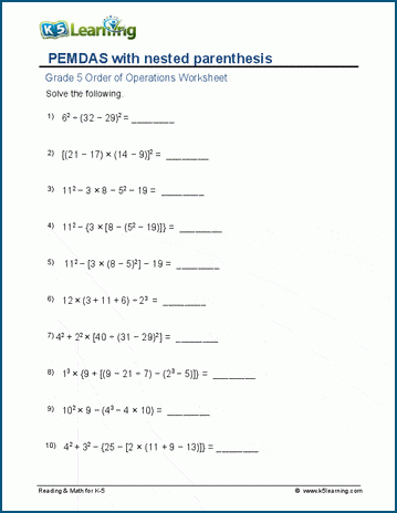 Grade 5 PEMDAS Worksheets | K5 Learning | K5 Learning