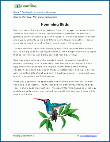 Grade 5 Children's Fable - Humming Birds
