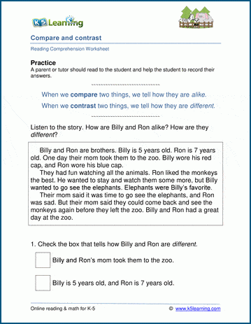 Grade 1 reading comprehension worksheet on comparing and contrasting