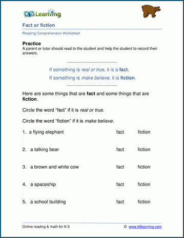 Fact vs fiction - Grade 1 Reading Comprehension Worksheets