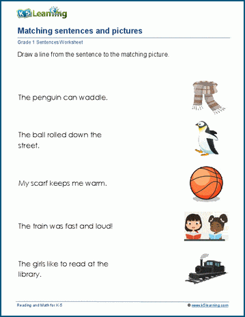 Grade 1 match sentences to pictures worksheets