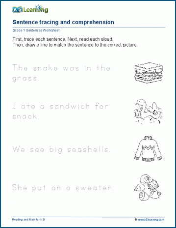 Grade 1 trace sentences and match to pictures worksheets