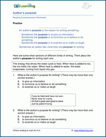 Author's Purpose - Grade 4 Reading Comprehension Worksheets