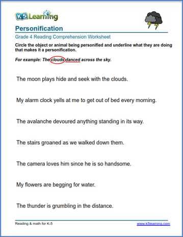 Grade 4 Reading Comprehension Worksheets - personification