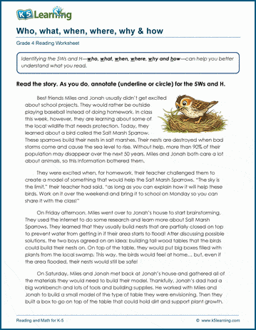 Identifying the 5Ws & H worksheet