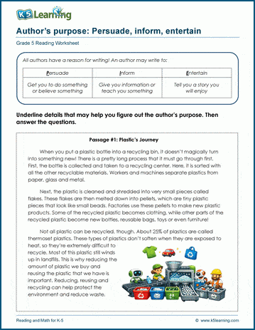 Grade 5 Author's purpose worksheets