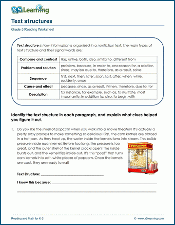 Identifying text structures worksheets