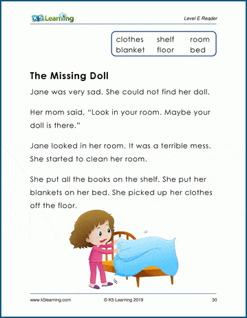 Level E Children's Story & Worksheet - The Missing Doll