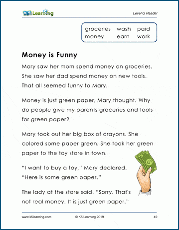 Level G Children's Story & Worksheet  - Money is Funny