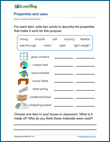 Material properties and uses worksheets