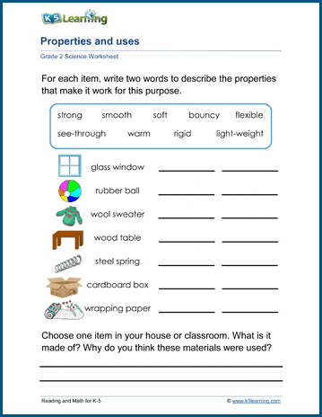 material properties and uses worksheets k5 learning