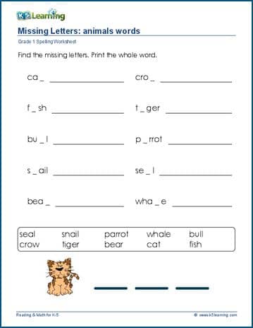 Missing letters worksheets for grade 1 | K5 Learning