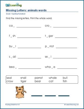 Grade 1 spelling worksheet missing letters