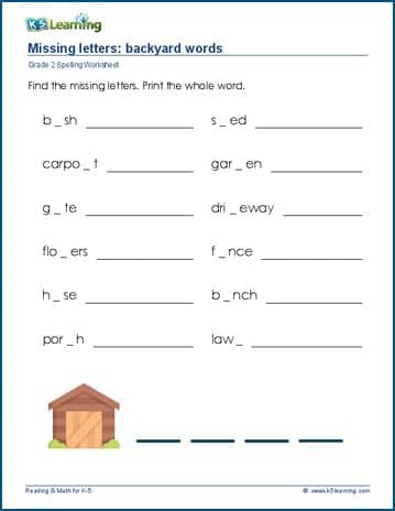 Grade 2 spelling worksheet missing letters