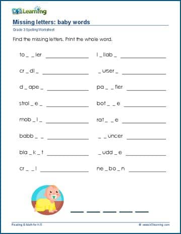 Grade 3 spelling worksheet missing letters
