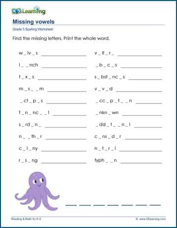 Grade 5 spelling worksheet missing vowels