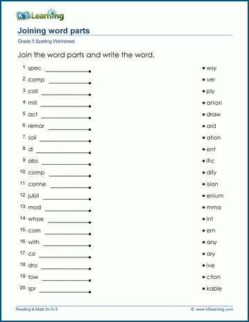 Grade 5 spelling worksheet joining word parts